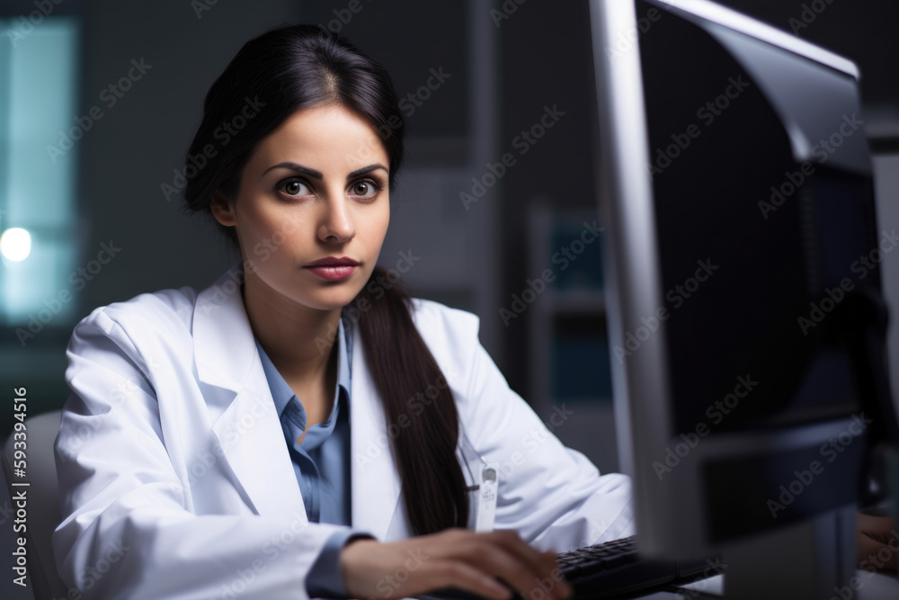 beautiful clinical research coordinator sitting in front of a computer monitor with a determined look on her face, typing on a keyboard, generative ai