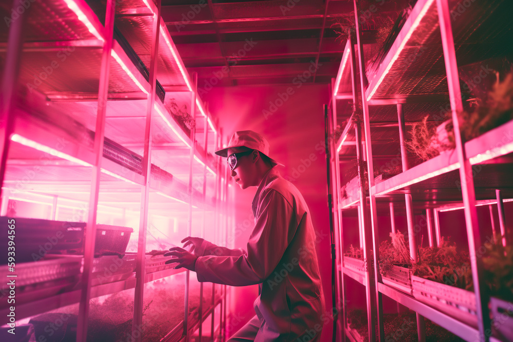 Man in uniform working with plants, herbs in vertical farm environment, AI generative concept illustration of futuristic intensive agriculture Man in uniform working with plants, herbs in vertical farm environment, AI generative concept illustration of futuristic intensive agriculture