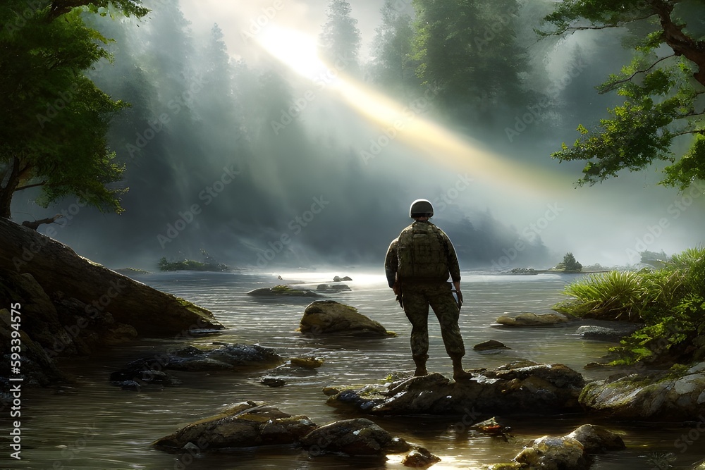 a military man standing over a rock in a lake in the middle of a forest, soldier, woods, fog, foggy landscape, Generative AI