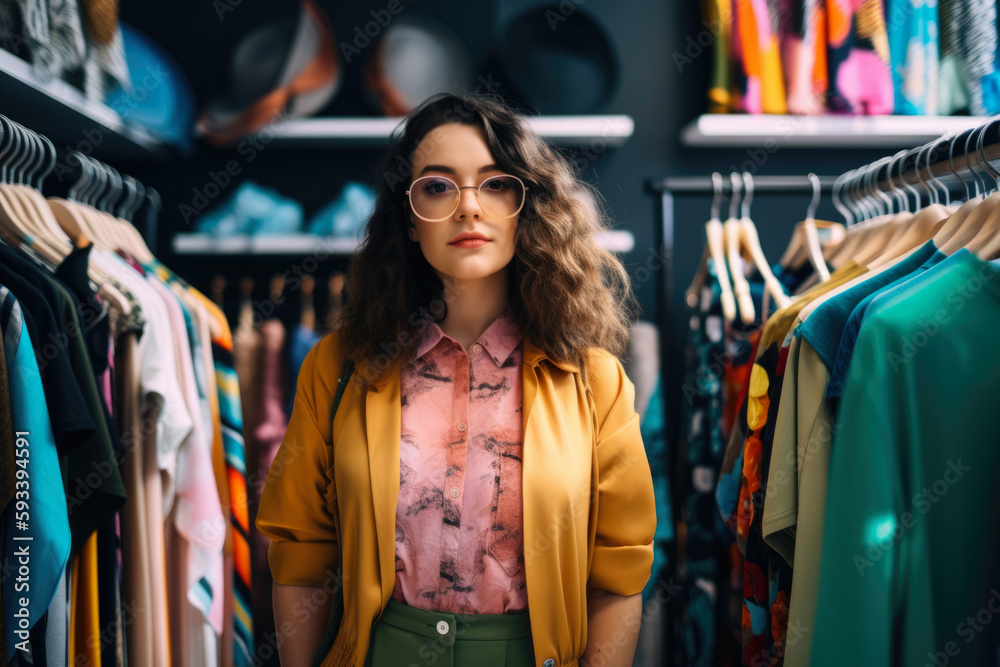 Beautiful fashion merchandiser standing in front of a colorful display of clothes, showcasing her keen eye for design and attention to detail, generative ai