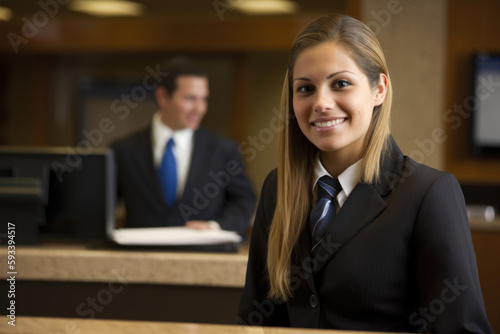 Beautiful bank teller assisting a customer with a friendly demeanor and professional attire, generative ai