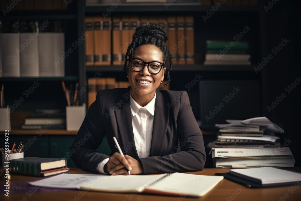 beautiful school counselor sitting at her desk with a gentle smile on her face, wearing a smart blazer and glasses, while surrounded by stacks of books and motivational posters, generative ai