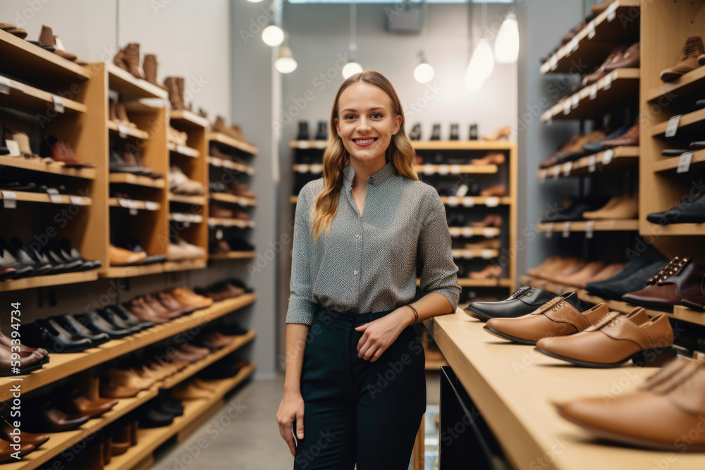 Beautiful retail manager with a warm and approachable smile, standing in front of a display of stylish shoes in her trendy shoe store, generative ai Beautiful retail manager with a warm and approachable smile, standing in front of a display of stylish shoes in her trendy shoe store, generative ai