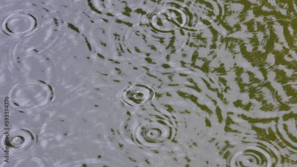 raindrops fall into the water,slow motion,raindrops create small waves on the water surface,