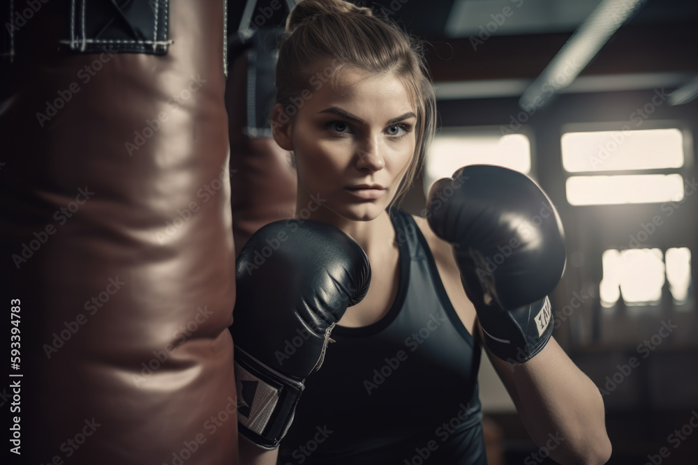 beautiful woman personal trainer at a boxing gym, wearing gloves and punching a bag with determination and focus, generative ai