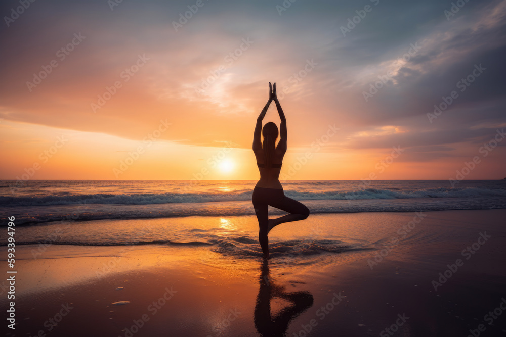 Beautiful yoga instructor practicing yoga on a scenic beach with crystal clear water and a colorful sunset in the background, generative ai