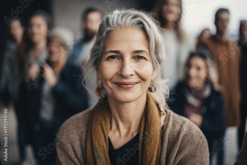beautiful woman life coach in a humanitarian and philanthropic setting  wearing casual and comfortable clothes  surrounded by people of different ages and backgrounds  generative ai