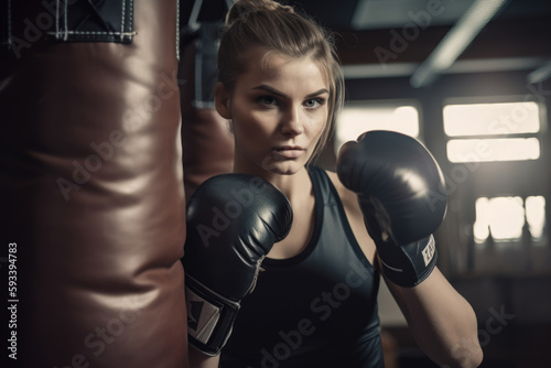 beautiful woman personal trainer at a boxing gym, wearing gloves and punching a bag with determination and focus, generative ai © aicandy