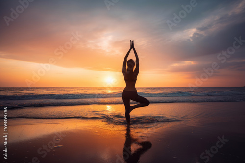 Beautiful yoga instructor practicing yoga on a scenic beach with crystal clear water and a colorful sunset in the background, generative ai