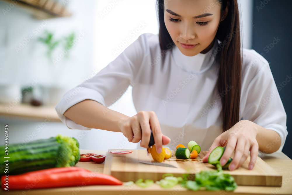 close-up of a beautiful dietitian measuring out portions of fresh vegetables on a wooden slicing board, with a focused expression and natural light highlighting her features, generative ai close-up of a beautiful dietitian measuring out portions of fresh vegetables on a wooden slicing board, with a focused expression and natural light highlighting her features, generative ai
