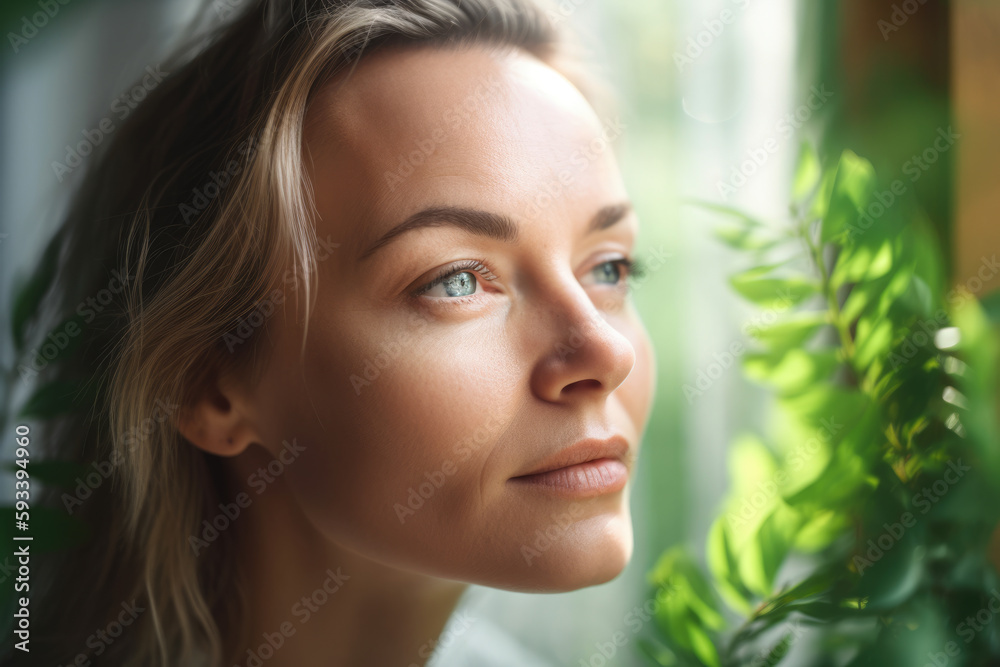 Close-up portrait of a beautiful and wise female psychologist with a serene and comforting expression on her face, surrounded by green plants in a sunlit room, generative ai Close-up portrait of a beautiful and wise female psychologist with a serene and comforting expression on her face, surrounded by green plants in a sunlit room, generative ai