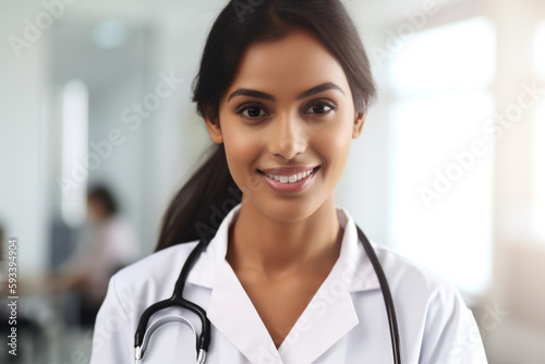 Close-up of a beautiful clinical research coordinator with a stethoscope around her neck and a gentle smile on her face, generative ai