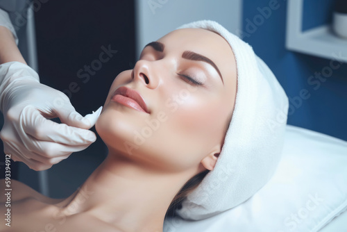 Close-up of a radiant cosmetologist giving a facial treatment to a client  showcasing her expert skincare techniques  generative ai