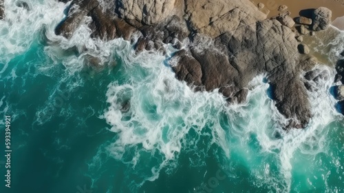 Beach and waves from top view Generative AI