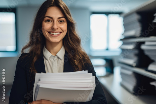 Close-up portrait of a beautiful and trustworthy loan officer with a friendly smile and a stack of financial documents in her hand, generative ai