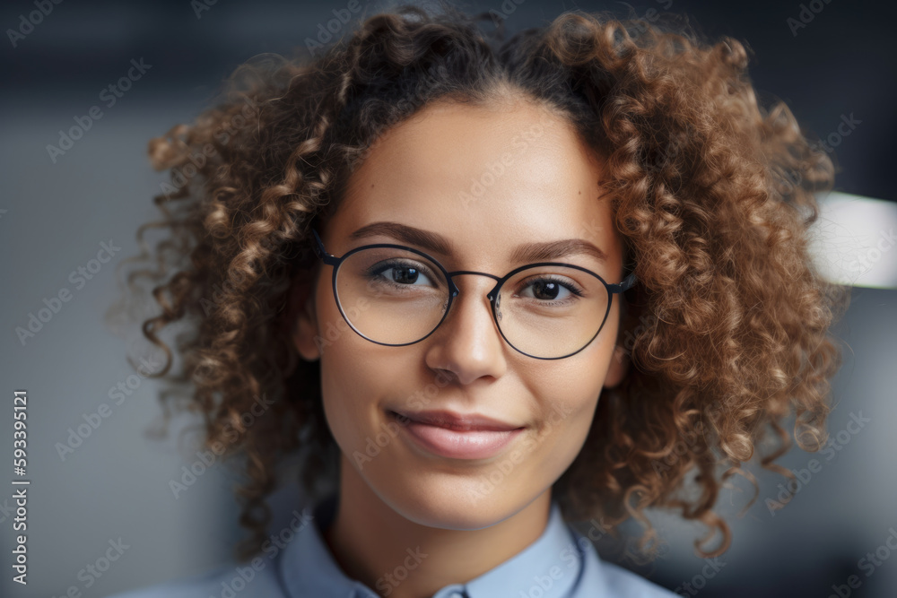 Close-up portrait of a beautiful Occupational Health and Safety Specialist with hazel eyes and curly hair, wearing a blue blouse and glasses, looking at the camera, generative ai Close-up portrait of a beautiful Occupational Health and Safety Specialist with hazel eyes and curly hair, wearing a blue blouse and glasses, looking at the camera, generative ai