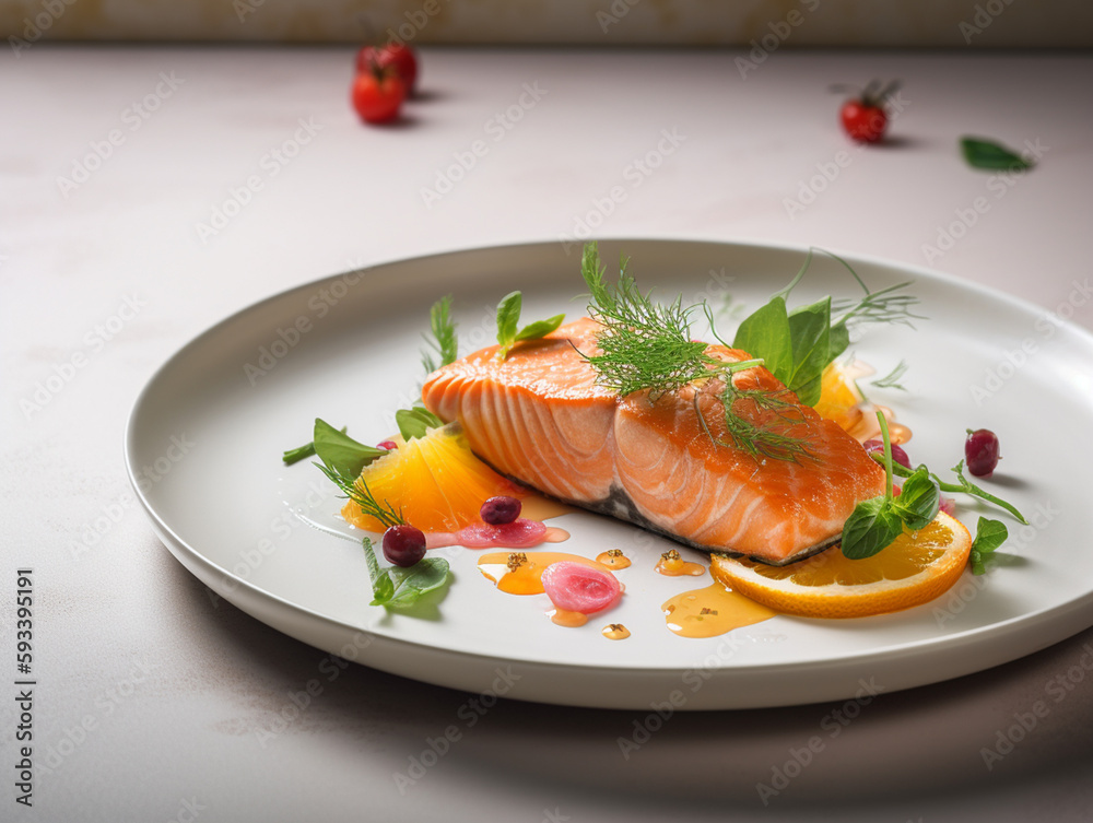 beautifully plated salmon dish on a white ceramic plate beautifully plated salmon dish on a white ceramic plate