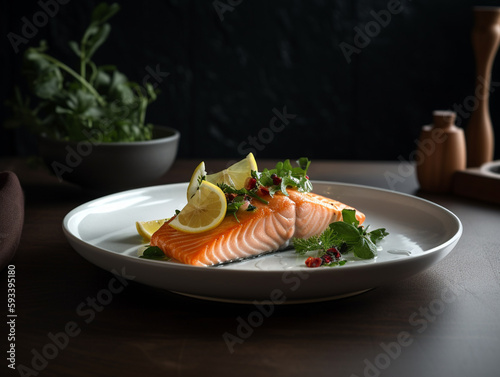 beautifully plated salmon dish on a white ceramic plate