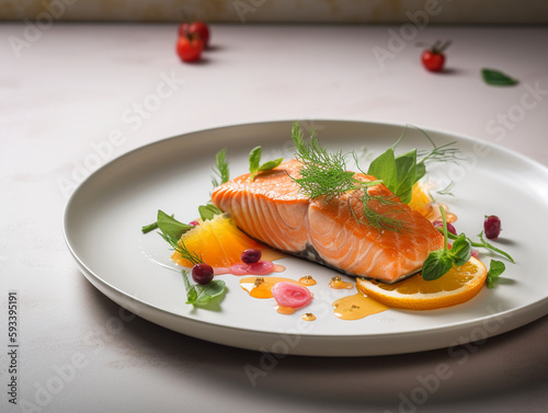 beautifully plated salmon dish on a white ceramic plate