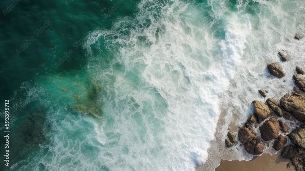 Fototapeta premium Beach and waves from top view Generative AI