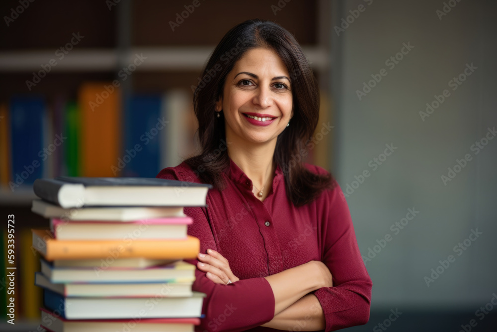 Close-up portrait of a gorgeous special education teacher with a warm smile and a stack of textbooks in the background, generative ai Close-up portrait of a gorgeous special education teacher with a warm smile and a stack of textbooks in the background, generative ai