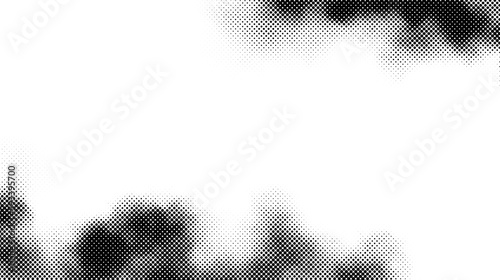 Halftone smoke frame texture. Black and white dotted fog or smog background. Comic pop art style design element for banners, collages, posters. Monochrome grunge wallpaper. Vector 