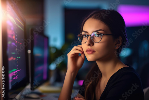 Close-up portrait of a gorgeous User Experience Designer deep in thought, analyzing data on her computer with a colorful and vibrant workspace in the background, generative ai