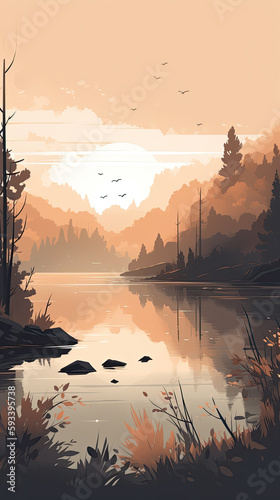 Beautiful lake in pine tree forest illustration