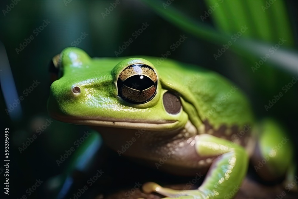 vibrant green frog with a distinct black eye in close up detail. Generative AI vibrant green frog with a distinct black eye in close up detail. Generative AI