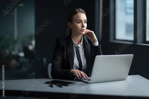 Confident executive assistant in a modern office, sitting at her desk with a laptop and a phone while looking focused and determined, generative ai