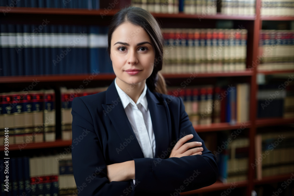 Confident paralegal standing in front of law books with a determined look on her face and a pen in her hand, generative ai Confident paralegal standing in front of law books with a determined look on her face and a pen in her hand, generative ai