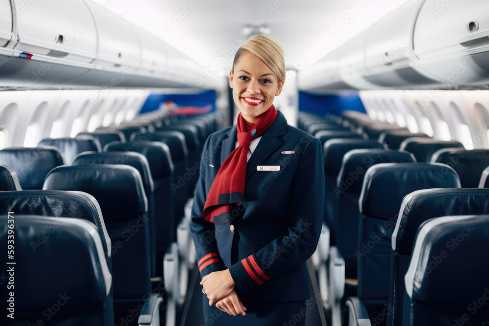 Elegant flight attendant in a navy blue uniform with a bright red scarf, walking down the aisle of a commercial airplane with a friendly smile, generative ai Elegant flight attendant in a navy blue uniform with a bright red scarf, walking down the aisle of a commercial airplane with a friendly smile, generative ai