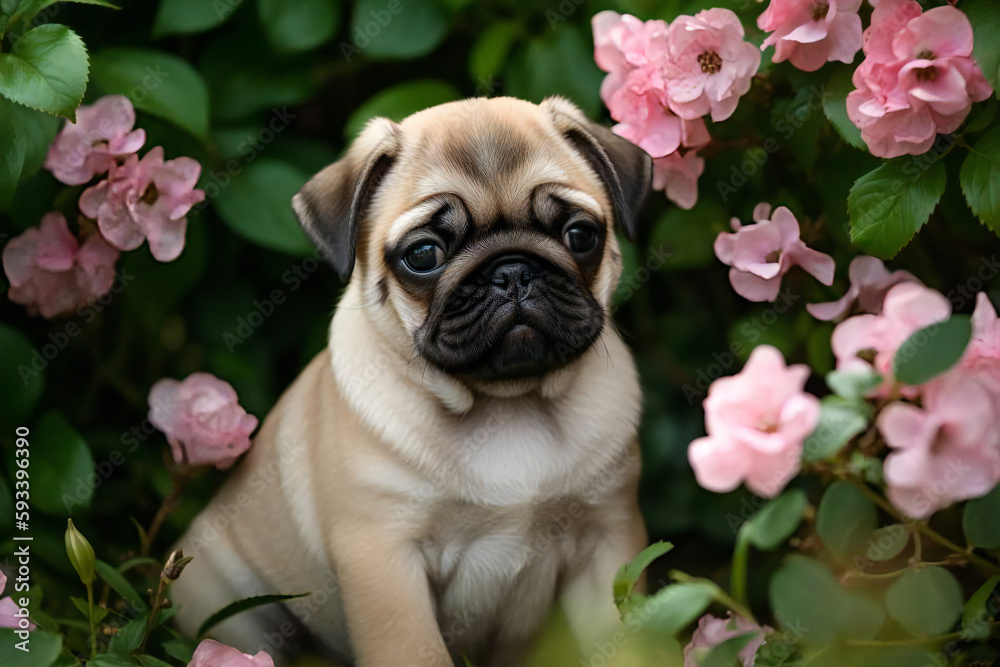 お花に囲まれているかわいい子犬のパグ