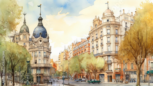 Views of Madrid. drawing in the style of colored pencil and watercolor. in the style of 90s art. illustration created using artificial intelligence