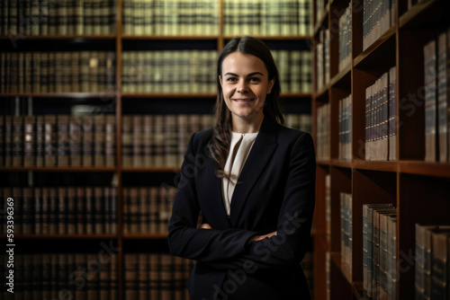 Elegant legal secretary standing in front of a bookcase filled with law books, holding a pen and legal document with a smile, generative ai photo