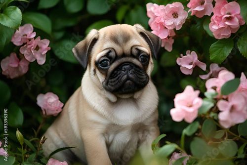 お花に囲まれているかわいい子犬のパグ © kaguyahime
