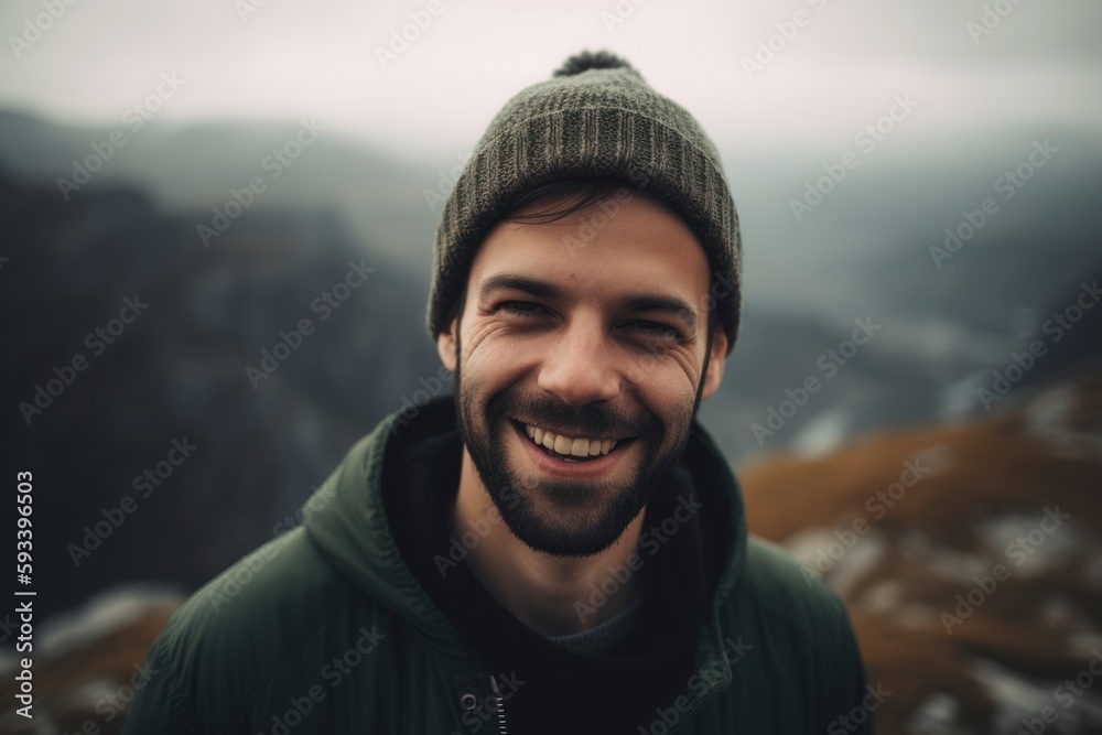 Portrait of a young man with a beard and a knitted hat on the background of mountains Portrait of a young man with a beard and a knitted hat on the background of mountains