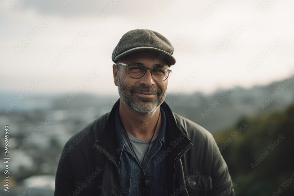 Handsome middle aged man in cap and glasses on top of a mountain. Handsome middle aged man in cap and glasses on top of a mountain.
