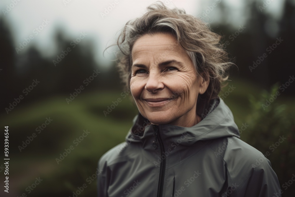 Portrait of smiling senior woman in raincoat looking at camera outdoors Portrait of smiling senior woman in raincoat looking at camera outdoors