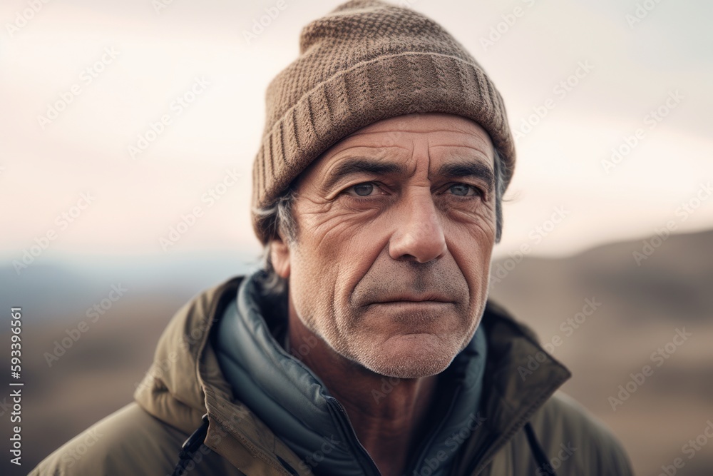 Portrait of a senior man looking at camera in the mountains. Portrait of a senior man looking at camera in the mountains.