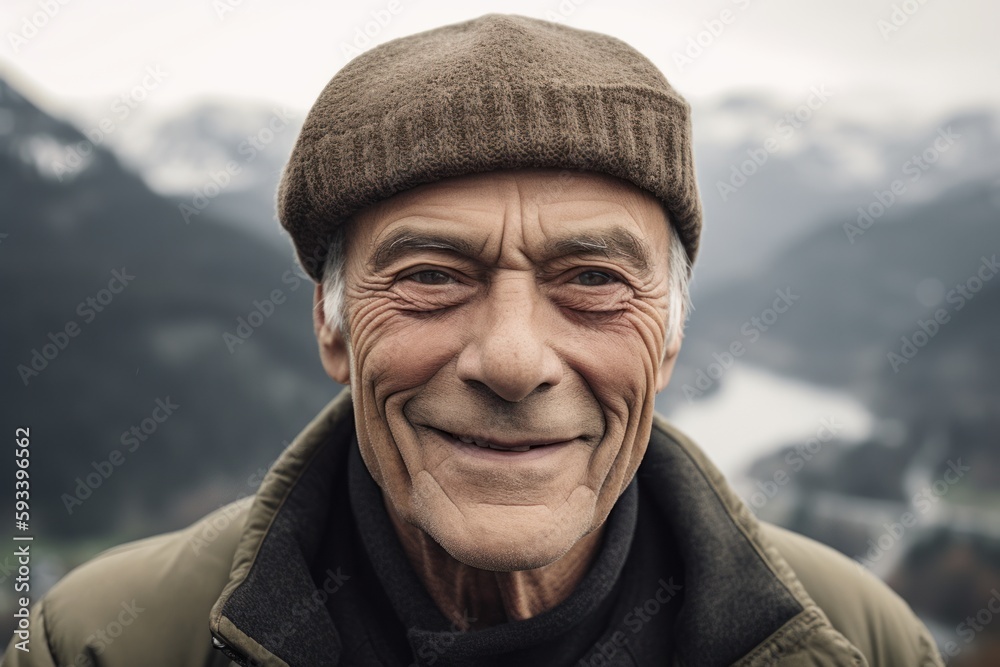 Portrait of a senior man smiling at camera in the mountains. Portrait of a senior man smiling at camera in the mountains.