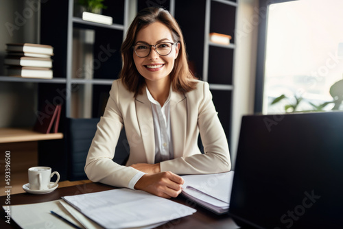 Experienced and knowledgeable insurance agent with a warm smile, sitting at her desk while holding a folder with important documents, generative ai photo