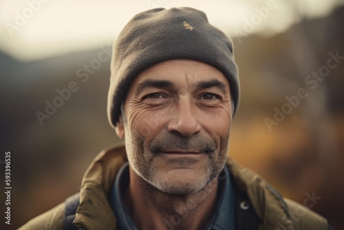 Portrait of a senior man with hat in the autumn forest.