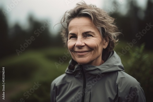 Portrait of smiling senior woman in raincoat looking at camera outdoors
