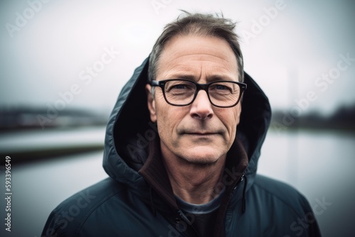 Portrait of a handsome mature man in black jacket and glasses.