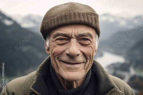 Portrait of a senior man smiling at camera in the mountains.