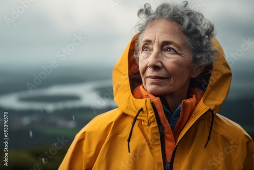 Environmental portrait photography of a satisfied woman in her 60s wearing a vibrant raincoat against a bird's-eye view or aerial landscape background. Generative AI