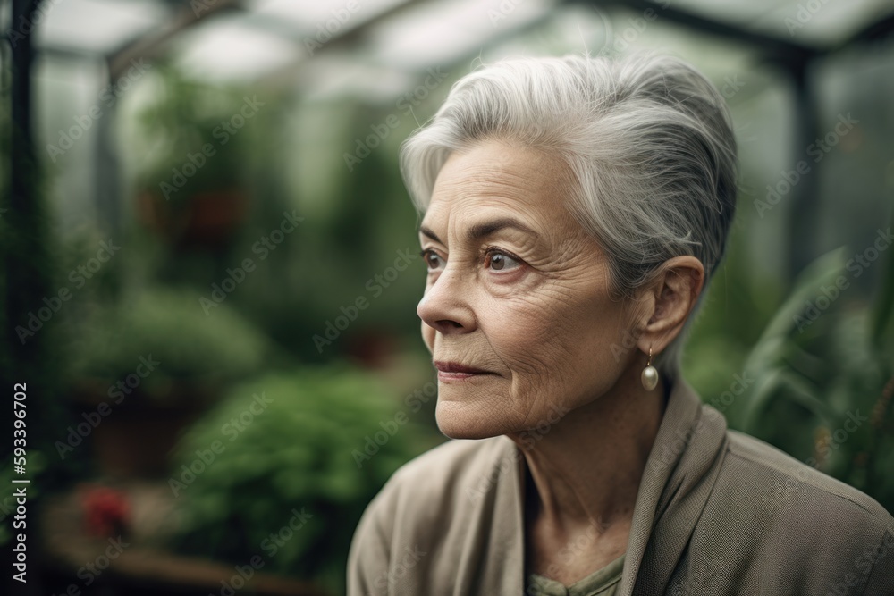 Portrait of a beautiful senior woman in a greenhouse, looking away