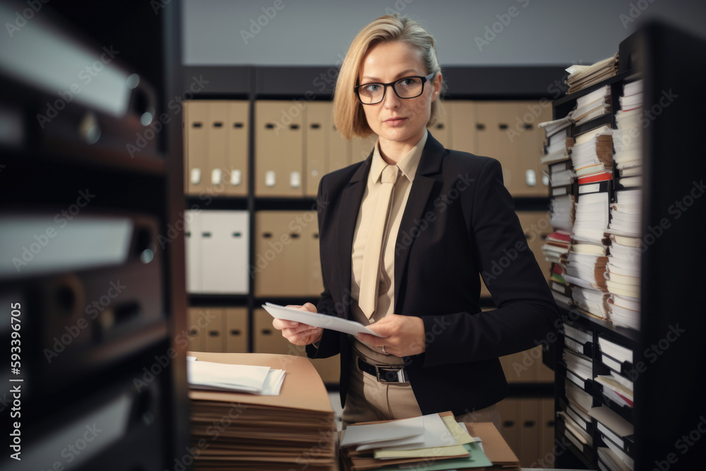 Focused executive assistant in a busy office, standing by a file cabinet and organizing documents while wearing glasses and a pencil skirt, generative ai Focused executive assistant in a busy office, standing by a file cabinet and organizing documents while wearing glasses and a pencil skirt, generative ai