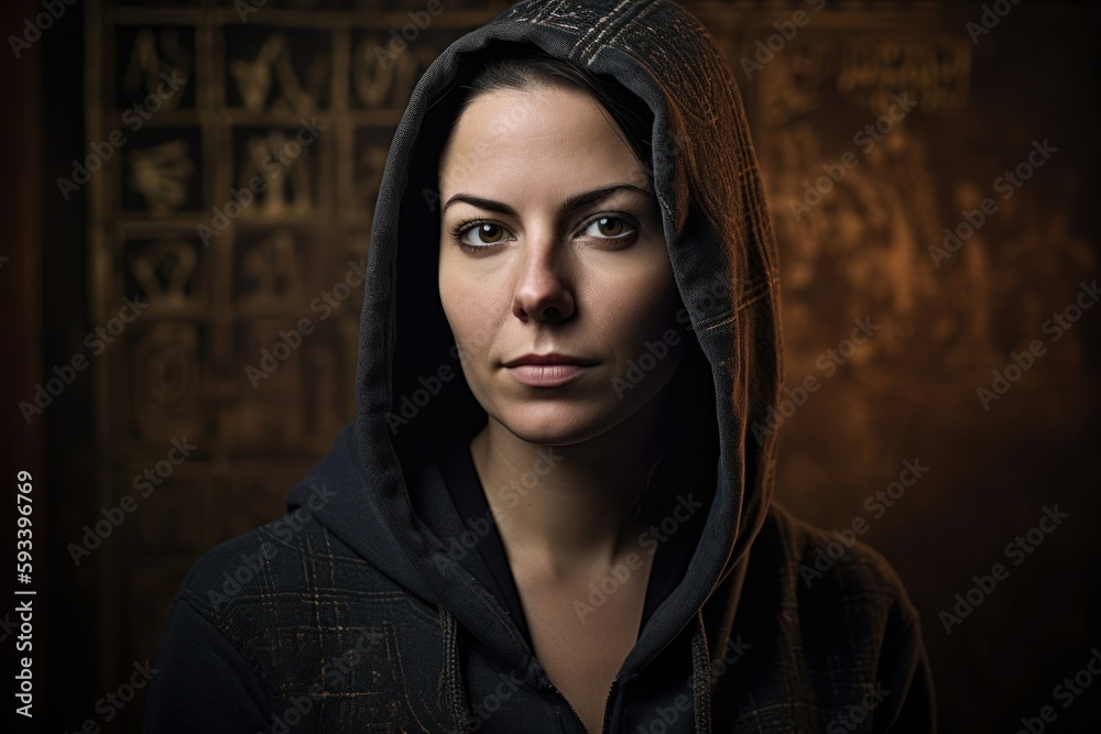 Portrait of a beautiful young woman in a black jacket and hood Portrait of a beautiful young woman in a black jacket and hood